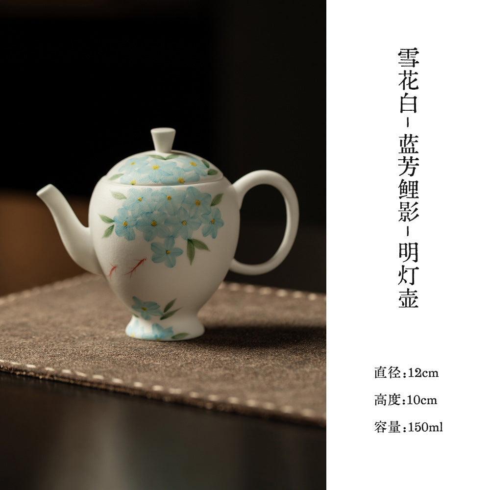墨己雪花白蓝芳鲤影手绘哑光功夫茶具家用茶壶盖碗主人杯壶承茶杯