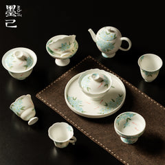 墨己雪花白蓝芳鲤影手绘哑光功夫茶具家用茶壶盖碗主人杯壶承茶杯